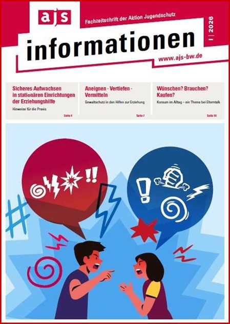 Titelbild der ajs-informationen mit zwei Figuren, die sich streiten. Über ihren Köpfen sind Sprechblasen mit Blitzen, Ausrufezeichen, die deutlich machen, dass die Personen Streit haben.