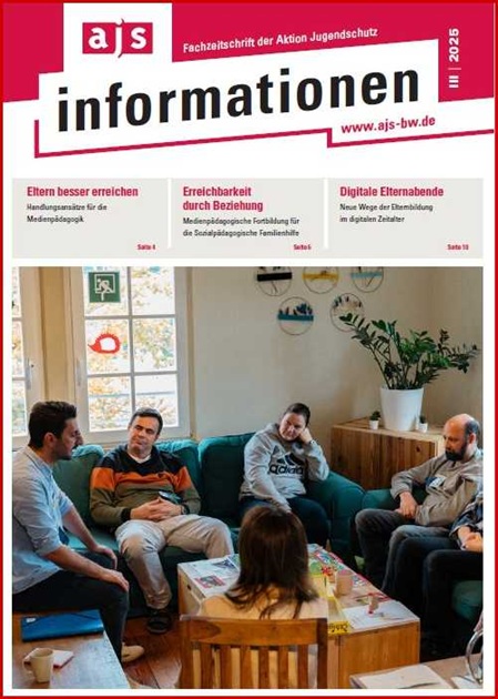 Titelbild der Zeitschrit. Erwachsene, die um einen niedrigen Tisch herum sitzen und im Gespräch sind.