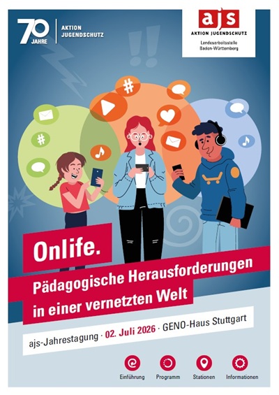 Titelbild des Programmflyers Kinder und Jugendlichen die auf ihre Smartphones schauen
